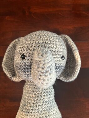 Handmade Crocheted Elephant Rattle Plush in Light Gray and Cream